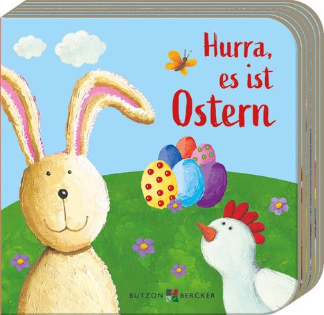 "Logo: Hurra, es ist Ostern. Ein Hase und ein Huhn mit bunten Eiern auf grünem Feld, Schmetterling am Himmel."