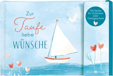"Zur Taufe liebe Wünsche" in bunten Buchstaben. Segelboot auf blauem Wasser, Taube und Blumen im Hintergrund.