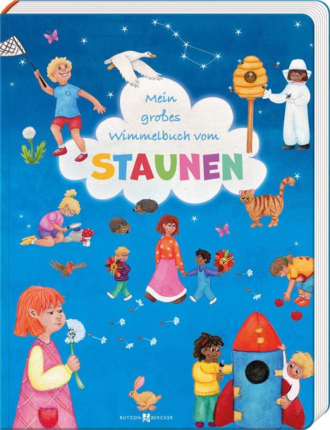 "Mein großes Wimmelbuch vom Staunen" in einer Wolke. Kinder spielen und erkunden, viele Tiere und bunte Details.
