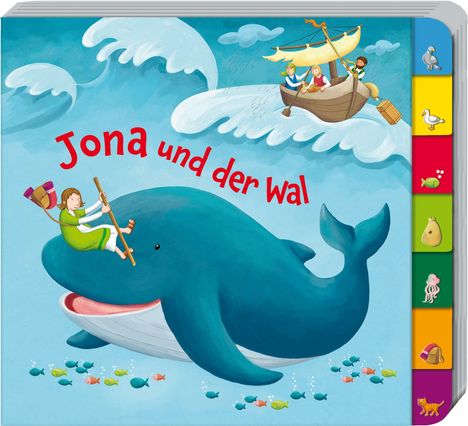 "Jona und der Wal" in roter Schrift. Illustration: Ein Wal, Jona sitzt darauf, im Himmel ein Schiff und bunte Fische.