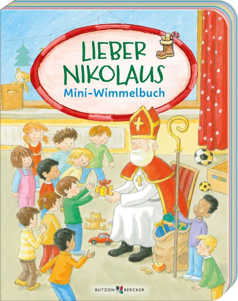 "LIEBER NIKOLAUS Mini-Wimmelbuch." Illustrationen zeigen Nikolaus mit Kindern, die Geschenke erhalten.