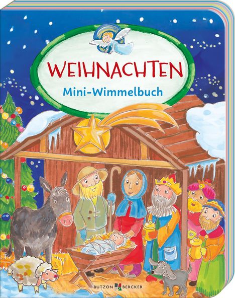 "Weihnachten Mini-Wimmelbuch". Illustration einer Krippe mit Maria, Josef, dem Jesuskind und den Heiligen Drei Königen.
