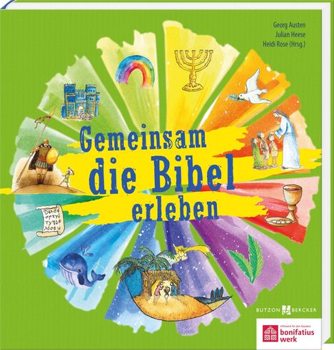 „Gemeinsam die Bibel erleben“. Farbenfrohes Design mit biblischen Symbolen wie Regenbogen, Menora und Taube.