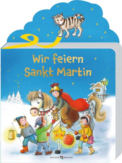 Text: "Wir feiern Sankt Martin". Illustration mit Kindern und Laternen, einem Reiter auf einem Pferd im Schnee, Katze oben.