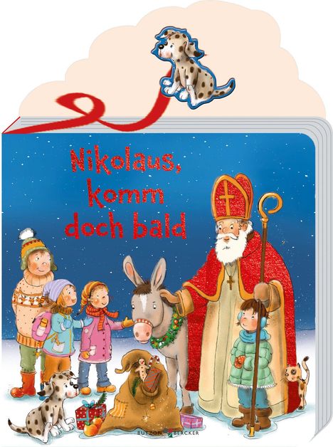 „Nikolaus, komm doch bald“ in roter Schrift. Ein Bischof mit Kindern, einem Esel, Geschenken und einem Hund im Schnee.