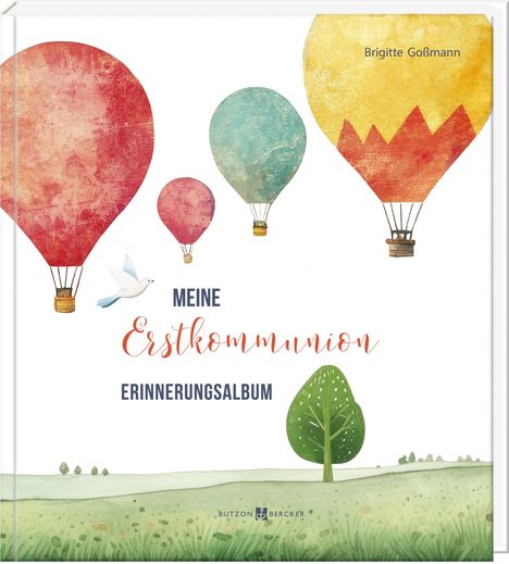 "MEINE Erstkommunion ERINNERUNGSALBUM" steht in der Mitte. Heißluftballons und eine Taube über einer grünen Landschaft.