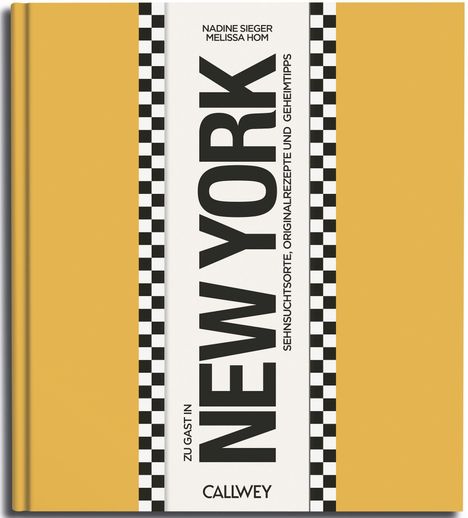 Titel: "Zu Gast in New York". Vertikaler Text "NEW YORK". Gelber Hintergrund, schwarz-weiß kariertes Muster.