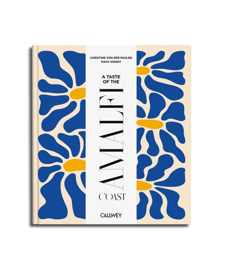 Text: "A Taste of the Amalfi Coast" von Christine von der Pahlen und Mayk Wendt. Grafik: Blaue und gelbe Blumenmuster.
