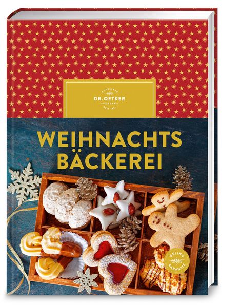 „WEIHNACHTS BÄCKEREI“ auf rotem Hintergrund mit goldenen Sternen, Kekse in Weihnachtsformen.