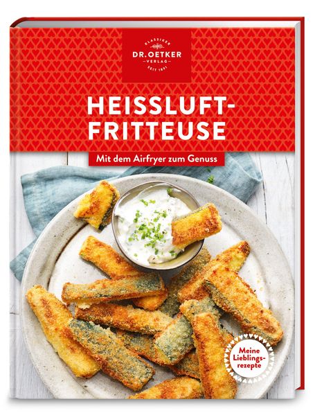 "HEISSLUFT-FRITTEUSE" und "Mit dem Airfryer zum Genuss". Teller mit panierten Snacks und Dip, rotes Buchcover.