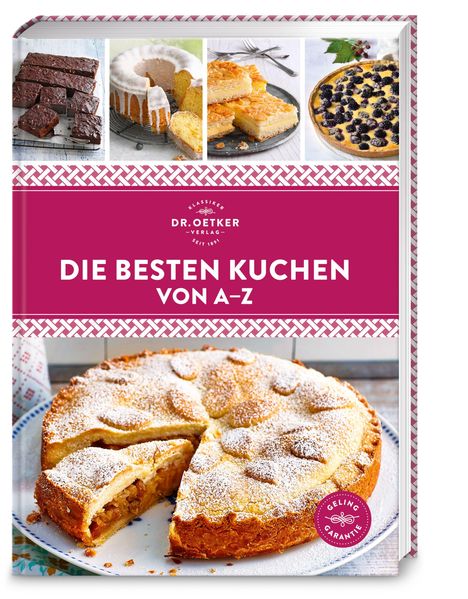„DIE BESTEN KUCHEN VON A-Z“ steht auf einem Backbuch mit Bildern von verschiedenen Kuchen. Enthält ein Siegel mit „Geling Garantie“.