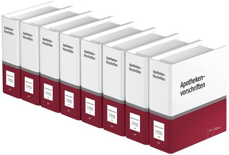 Sieben weiße Ordner mit rotem Rücken enthalten "Apotheken-Vorschriften". Auf den Rückseiten steht "Niedersachsen".