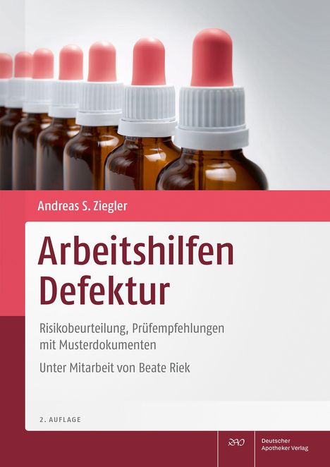 Titel: "Arbeitshilfen Defektur". Darüber Flaschen mit Pipetten, Hintergrund weiß.