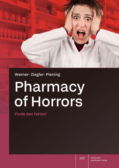 Pharmacy of Horrors. Finde den Fehler! Eine Person im weißen Kittel ist entsetzt, umgeben von roten Regalen voller Medizin.