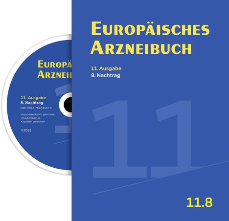 Text: "Europäisches Arzneibuch, 11. Ausgabe, 8. Nachtrag." Ein CD-Cover mit blauem Hintergrund und gelber Schrift.