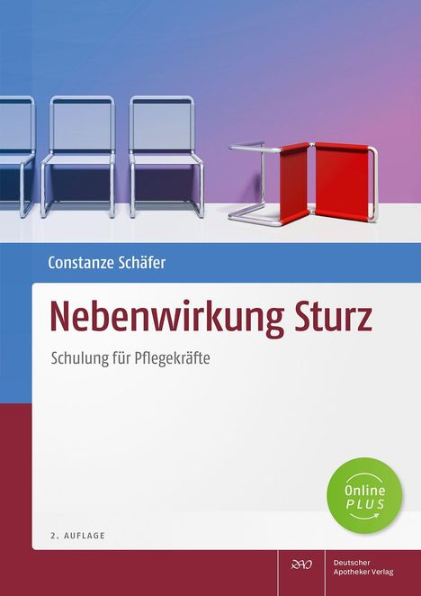 Titel: "Nebenwirkung Sturz". Autor: Constanze Schäfer. Illustration: Vier Stühle, einer umgekippt.
