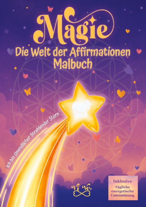 "Magie: Die Welt der Affirmationen Malbuch" steht oben, daneben "Ich bin unendlicher strahlender Stern" über einem gelben Stern.