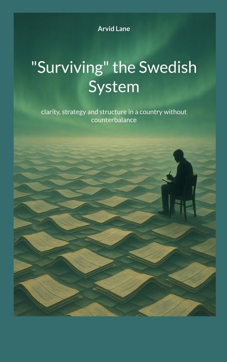 „Surviving“ the Swedish System, Klarheit, Strategie und Struktur. Silhouette auf wellenartigem Stapel Bücher.