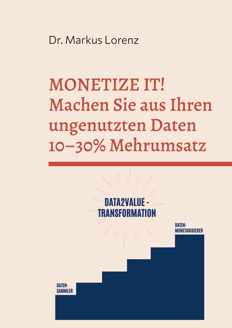 Dr. Markus Lorenz, MONETIZE IT! Machen Sie aus Ihren ungenutzten Daten 10–30% Mehrumsatz. DATA2VALUE - TRANSFORMATION. Treppenillustration.