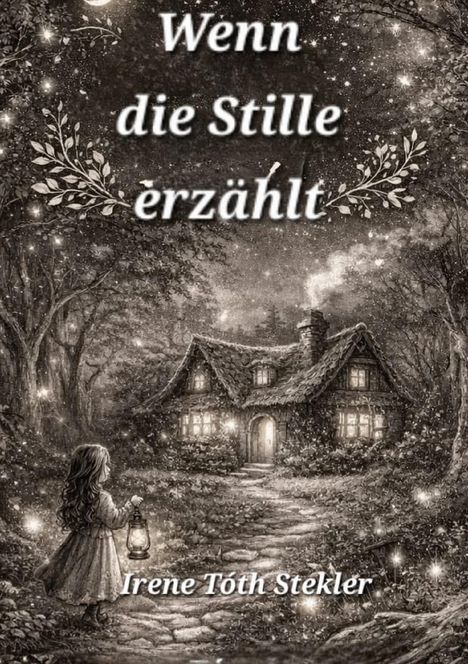 "Wenn die Stille erzählt", "Irene Tóth Stekler". Eine Märchenillustration: Mädchen mit Laterne vor einem beleuchteten Haus im Wald.