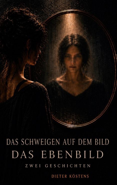 „Das Schweigen auf dem Bild. Das Ebenbild. Zwei Geschichten. Dieter Köstens.“ Eine Frau schaut in einen beschlagenen Spiegel.