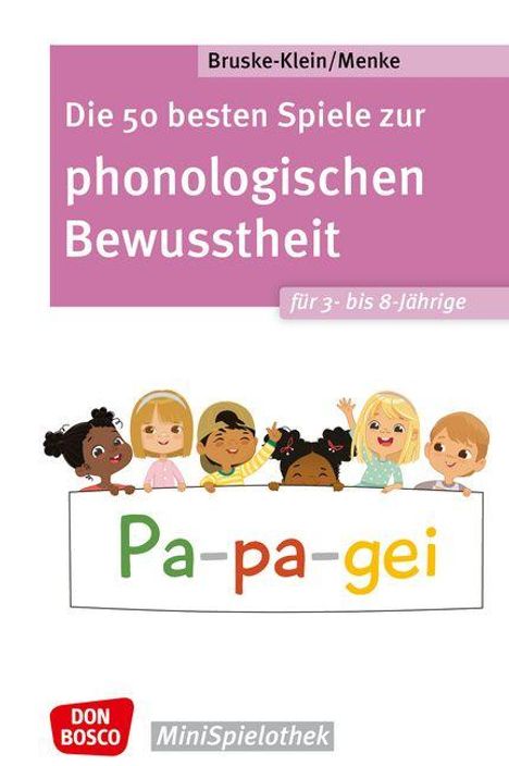 „Die 50 besten Spiele zur phonologischen Bewusstheit für 3- bis 8-Jährige.“ Bunte Illustration von Kindern.