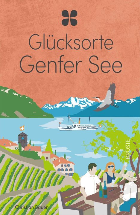 "Glücksorte Genfer See" steht über einer Illustration mit Leuten auf einer Terrasse, einem See, Bergen und einem Dampfschiff.