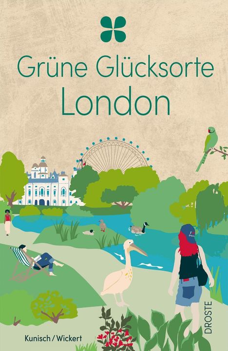 „Grüne Glücksorte London“. Illustration mit Natur, Enten, Pelikan, Menschen, Gebäude, London Eye und Papagei.
