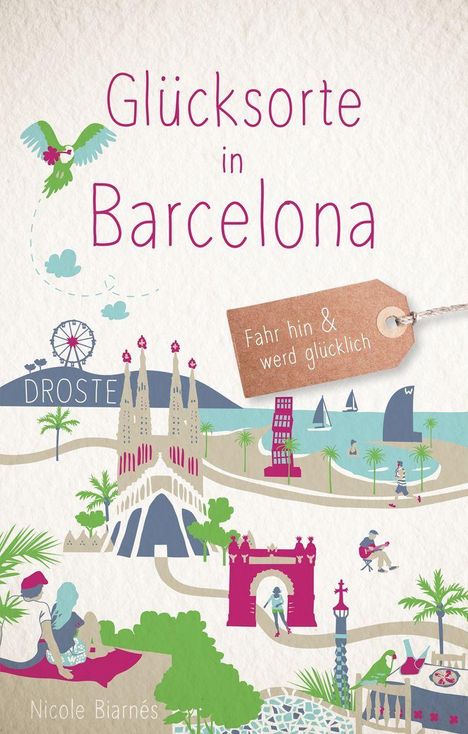„Glücksorte in Barcelona“ und „Fahr hin & werd glücklich“. Illustration mit Barcelonas Sehenswürdigkeiten und Palmen.