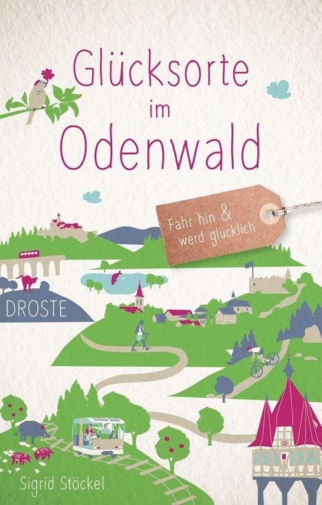 „Glücksorte im Odenwald“, „Fahr hin & werd glücklich“, „Sigrid Stöckel“. Bunte Landschaftsillustration mit Häusern und Menschen.