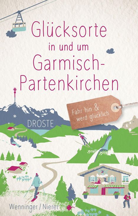 Text: "Glücksorte in und um Garmisch-Partenkirchen. Fahr hin & werd glücklich. DORSTE. Wenninger/Nierer." Illustration: Menschen beim Skifahren, Berge, Seilbahn.