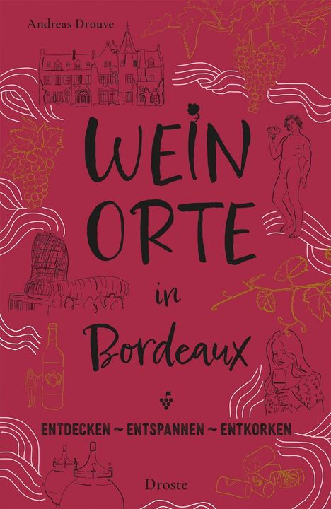"Weinorte in Bordeaux. Entdecken ~ Entspannen ~ Entkorken." Zeichnungen von Weinmotiven und einem Gebäude auf rotem Hintergrund.