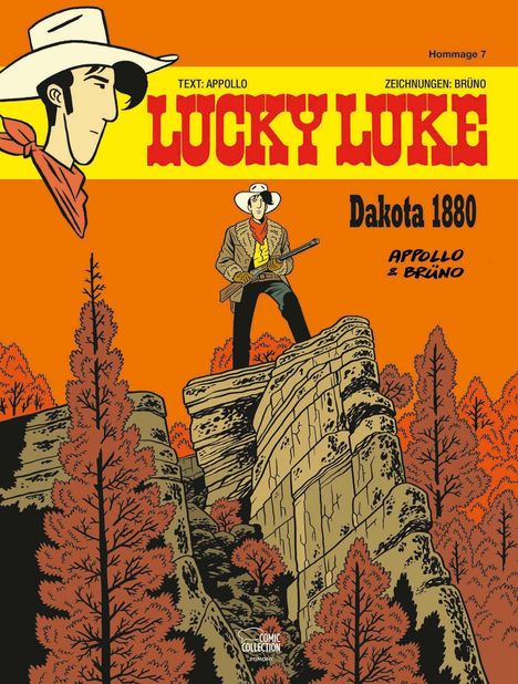 "TEXT: APPOLLO, ZEICHNUNGEN: BRÜNO, LUCKY LUKE, Dakota 1880, APOLLO & BRÜNO." Illustration von Lucky Luke auf Felsen.