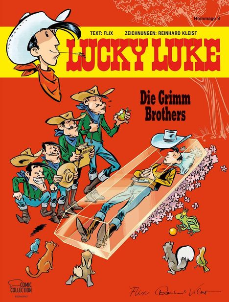 "Lucky Luke", "Die Grimm Brothers". Cowboy liegt in gläsernem Sarg, von Tieren umgeben. Links vier Figuren, typisch westlicher Stil.