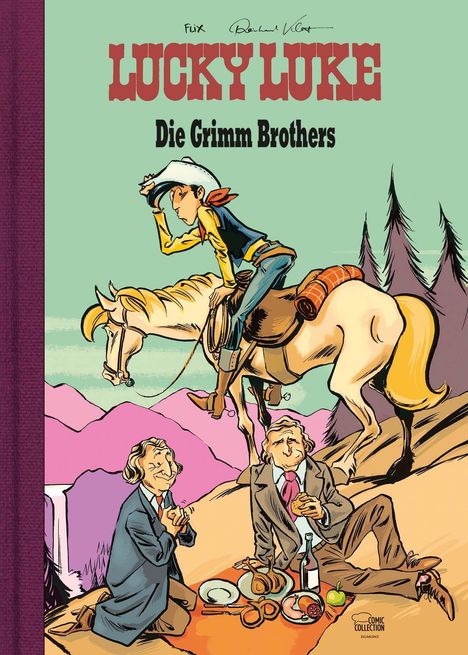 „Lucky Luke, Die Grimm Brothers“ in roter und schwarzer Schrift. Illustration mit Cowboy, Pferd, zwei Herren und Picknick.
