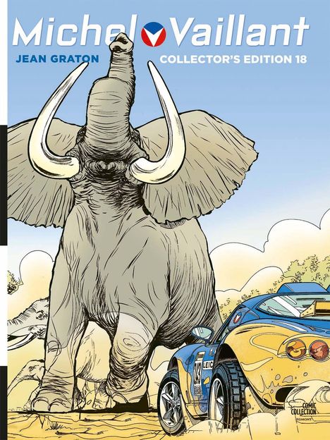 "Michel Vaillant, Jean Graton, Collector's Edition 18." Ein riesiger Elefant neben einem Rennwagen in der Wüste.