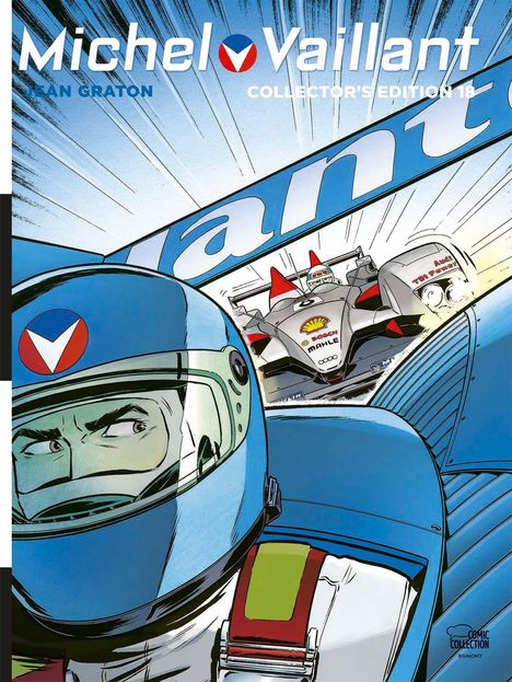 "Michel Vaillant, Jean Graton, Collector's Edition 18." Ein Rennfahrer im blauen Helm fährt vor einem Rennwagen.