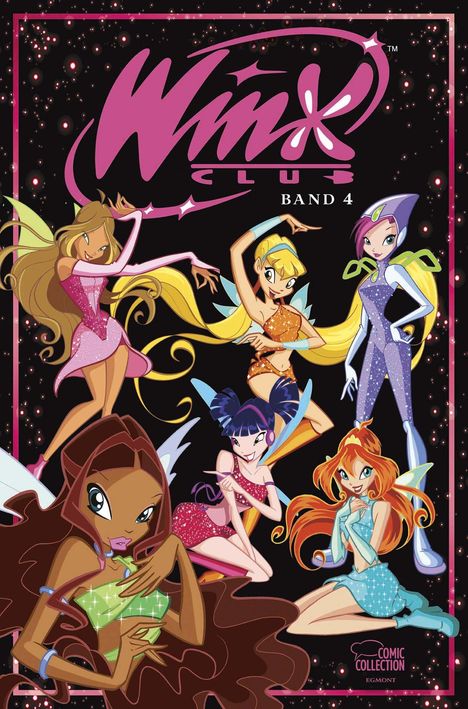 „Winx Club Band 4“ in großen Buchstaben. Sechs Feen in bunten Kostümen mit Flügeln posieren dynamisch vor einem dunklen Hintergrund.