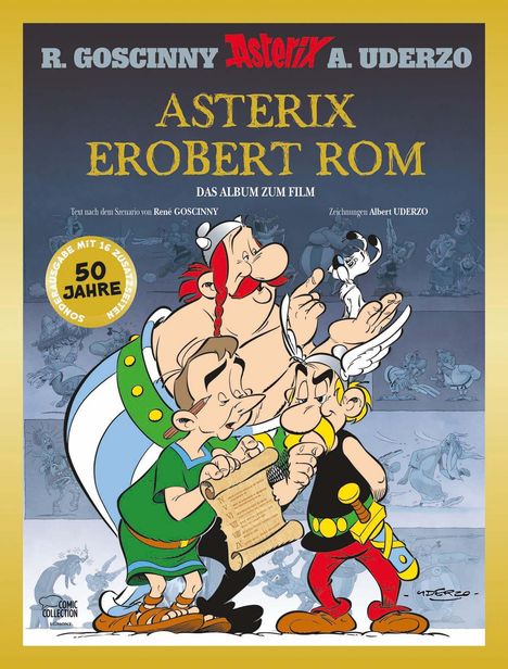 "Asterix erobert Rom" steht groß im Zentrum. Darunter sind Asterix, Obelix und ein kleiner Mann mit Schriftrolle.