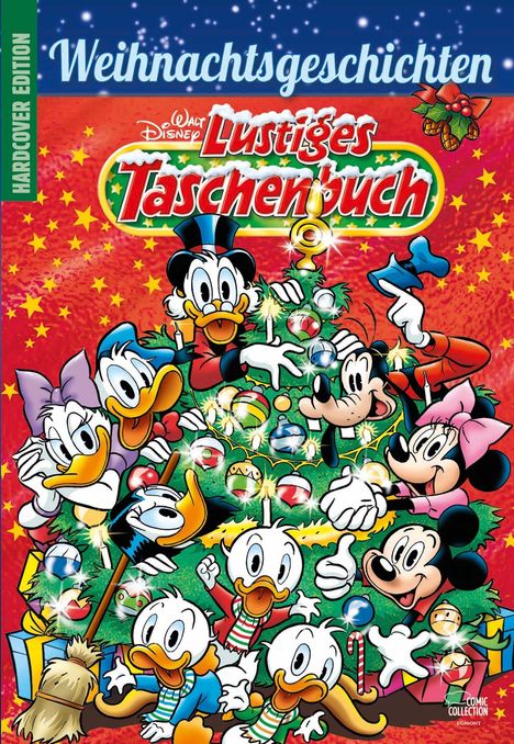 Cover der "Weihnachtsgeschichten" Hardcover-Edition. Disney-Charaktere feiern um einen Weihnachtsbaum.