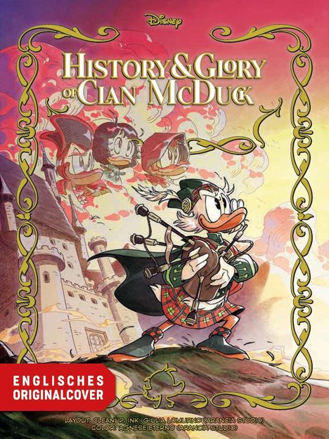 "History & Glory of Clan McDuck" in goldener Schrift, Disney-Logo oben. Ein Comic-Ente im Schottenrock spielt Dudelsack vor einer Burg.