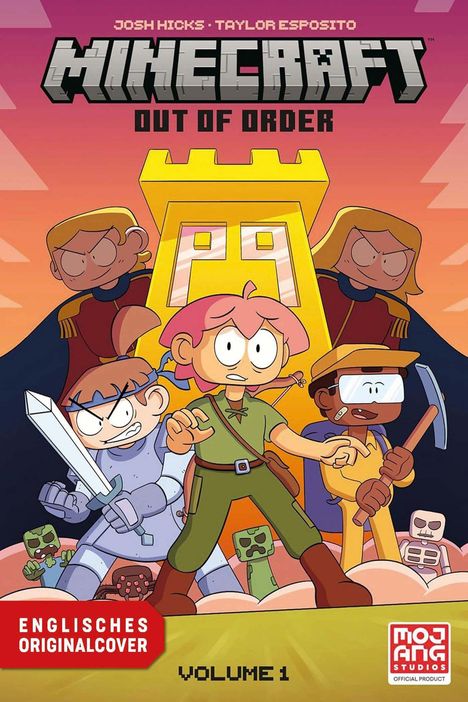 "Minecraft: Out of Order", "Englisches Originalcover", "Volume 1". Illustration: Fünf Charaktere in Kampfpose, stilisiert.
