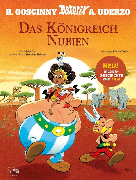 "Asterix - Das Königreich Nubien" in großer Schrift. Zwei Comicfiguren: ein kräftiger, großer Mann und ein kleinerer mit Helm.