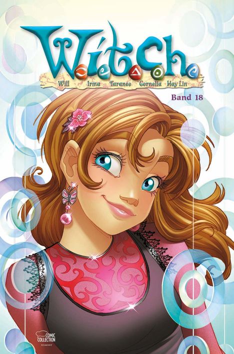 „Witch“ Band 18, Namen: Will, Irma, Taranee, Cornelia, Hay Lin. Stilvolle Mädchen-Illustration mit großen blauen Augen.