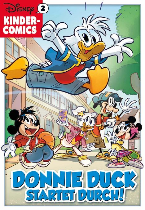 "Disney Kinder-Comics 2: Donnie Duck startet durch!" Cartoonfiguren in fröhlicher Pose vor einem Schulgebäude.