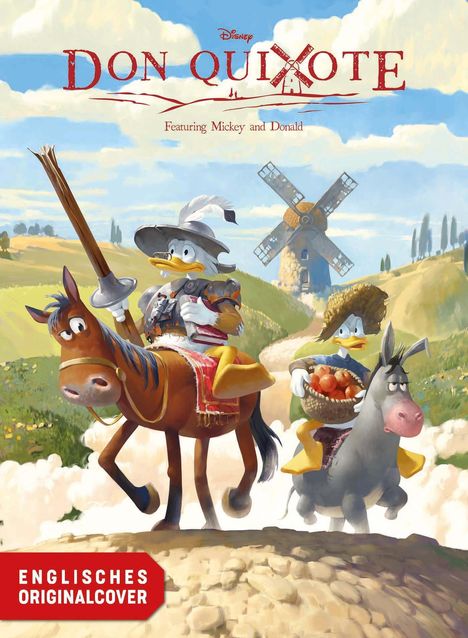 „Don Quixote“ oben, „Englisches Originalcover“ unten. Illustration: Ente auf Pferd, Ente auf Esel, Windmühle im Hintergrund.