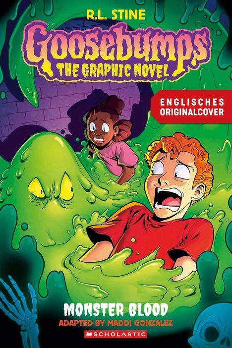 Text: "Goosebumps: The Graphic Novel, Monster Blood". Illustration: Kind von grünem Schleim bedroht.