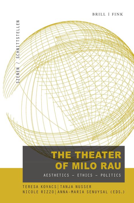 "The Theater of Milo Rau," gelbes Liniennetz auf weißem Hintergrund, darunter grauer Balken mit weiteren Informationen.