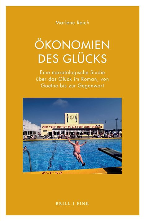 Titel: "Ökonomien des Glücks". Autor: Marlene Reich. Schwimmbadszene mit Retro-Schriftzug in der Mitte.