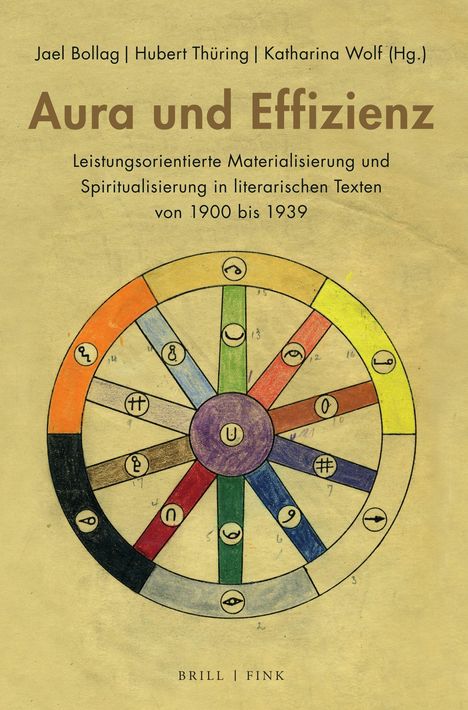 Titel: "Aura und Effizienz". Untertitel: "Leistungsorientierte Materialisierung und Spiritualisierung in literarischen Texten von 1900 bis 1939". Im mittleren Bereich befindet sich ein buntes Rad mit Symbolen auf beigefarbenem Hintergrund.
